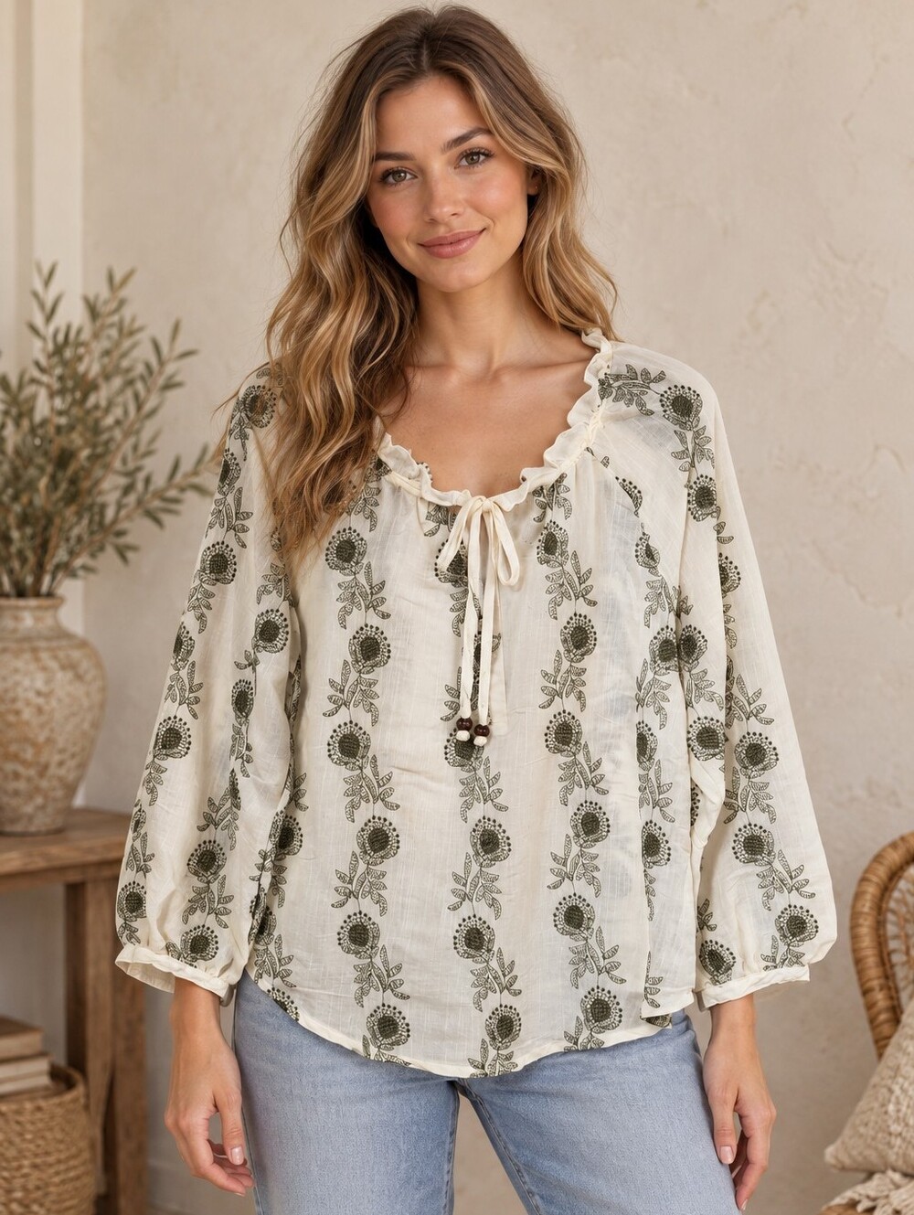 527.Boho Tie-Front Peasant Blouse in Cream with Olive Floral Embroidery